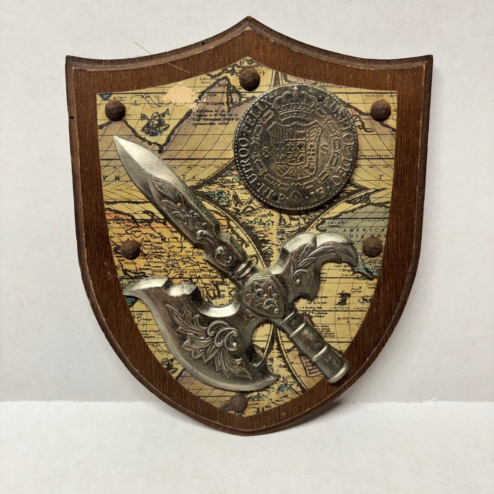 Vintage Unbranded Shield Wall Plaque Brown Medieval Map Axe Dagger